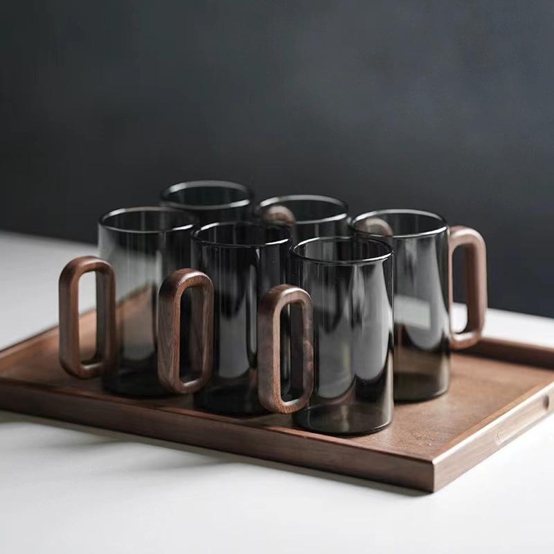 

6pcs 360ml Premium High Borosilicate Heat-resistant Glass Set: Home Drinking Glasses with Wooden Handles, Stylish Tea Cups 360ml