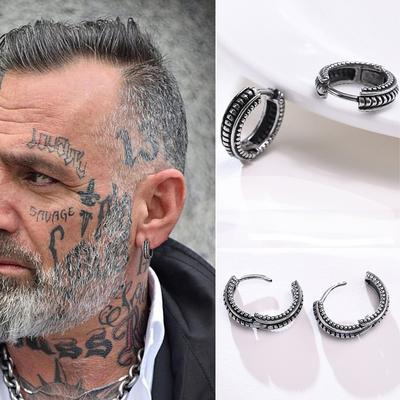 Pendientes de Aro Huggie Pequeños,Pendientes de Aro Gruesos Vikingos,Pendientes de Aro para Hombre,Acero Inoxidable Hombre Forma Circular Redonda Retro Zircón