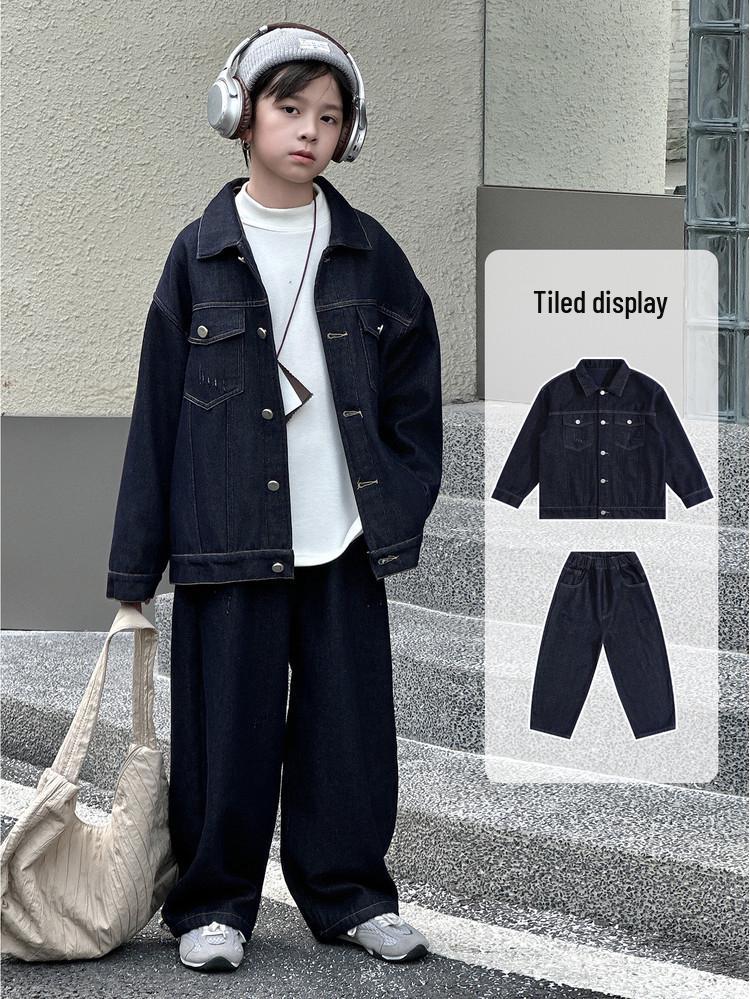 Boys' Preppy Style Denim Two-Piece: Warm Fleece-Lined Coat & Pants - 2025 Autumn/Winter Collection