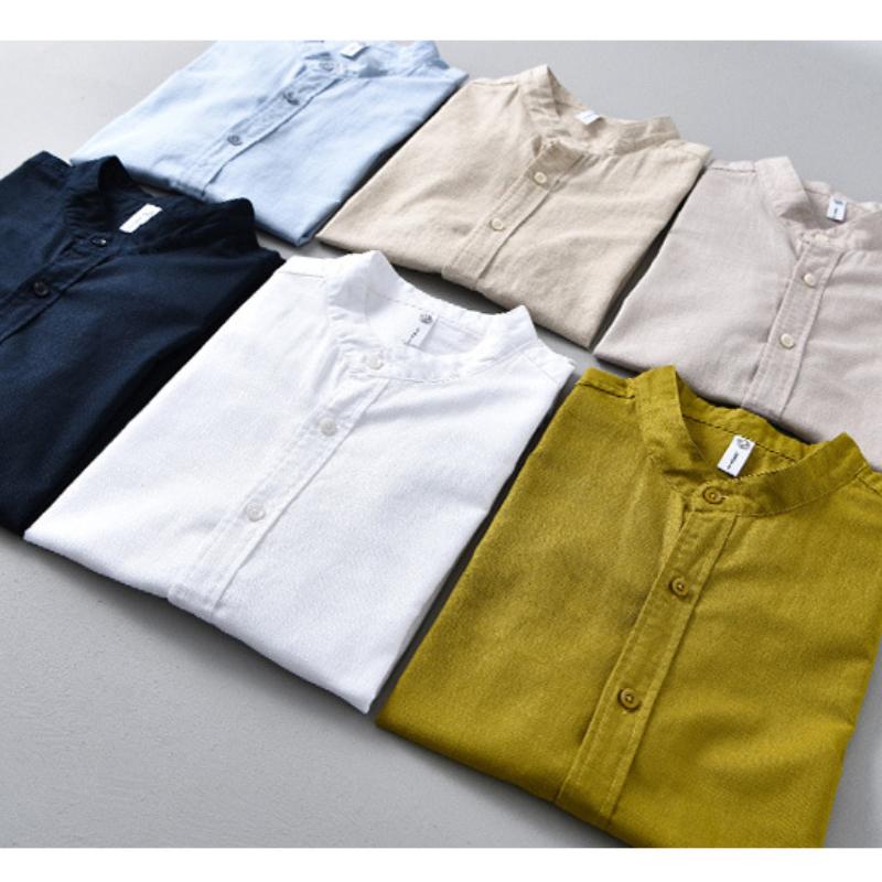 Solid Color Stand Collar Short Sleeve Shirts for Men Daily Summer Tops Casual Soft and Comfortable Cotton Linen Shirt Simple Style Men Clothing