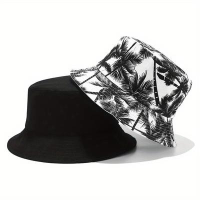 Unisex Double Sided Wearable Leaf Print Personality Bucket Hats Fishermen Caps Outdoor Casual Cap Sunscreen Hat