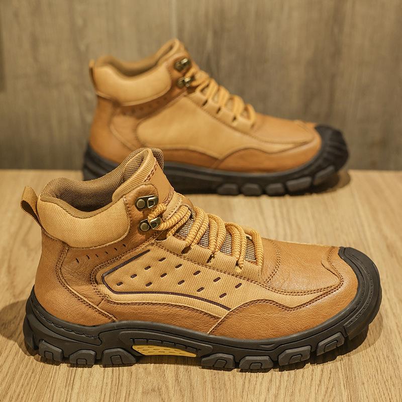 Medium top men's shoes leather outdoor non-slip thick sole wear-resistant lace-up bag head casual shoes men's mountaineering shoes hiking shoes