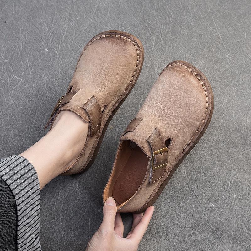 Fashion 3CM Handmade Genuine Leather Flat Shoes Women Retro Style Slip on Casual Loafers Soft Sole Literary Style Women Vulcanized Shoes