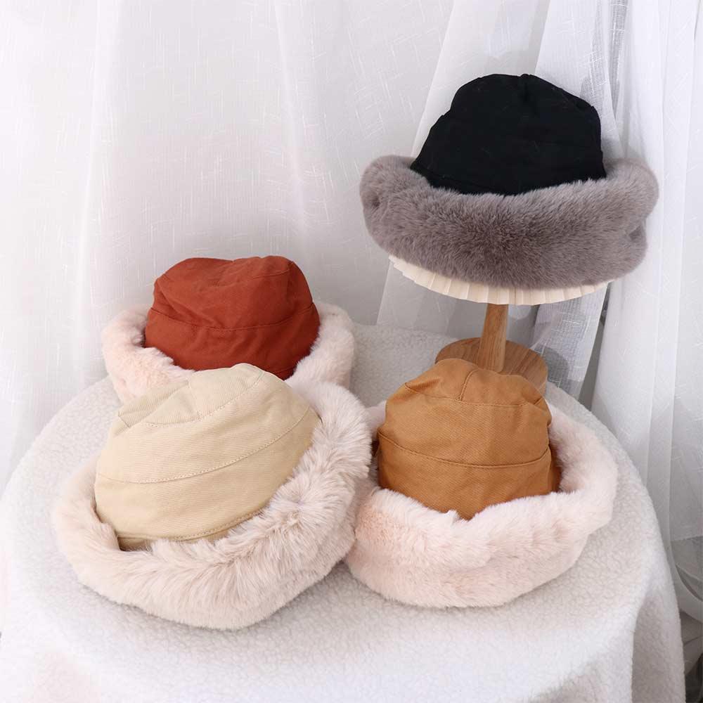 For Girl Winter Warm Wide Brim Large Korean Style Beanies Plush Bucket  Hat Women Hat Woolen