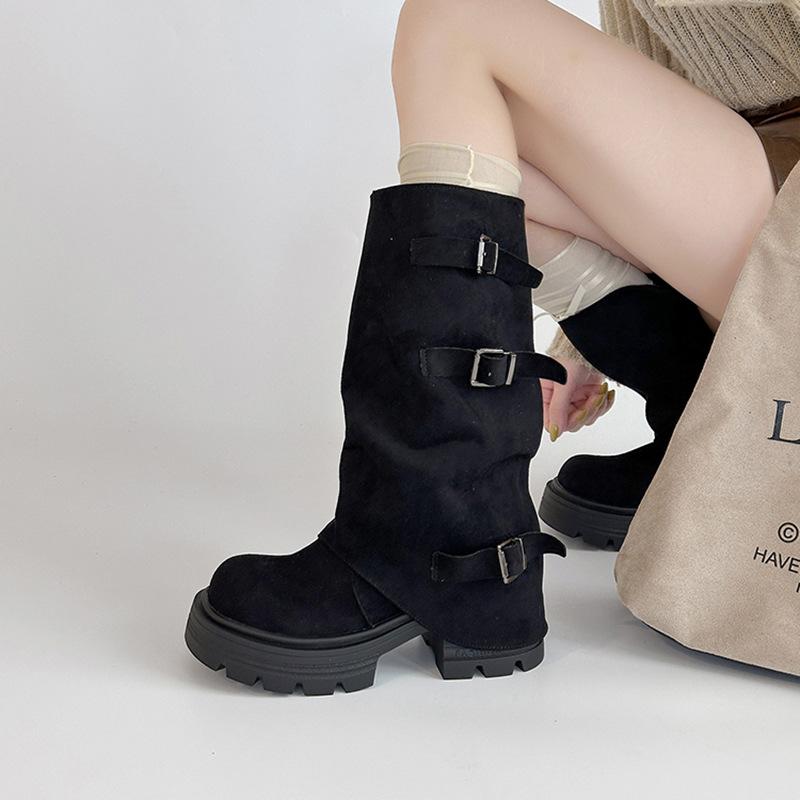 Wasteland wind thick-soled western cowboy fashion boots women's 2025 autumn and winter new pleated belt buckle outer wear medium boots tide