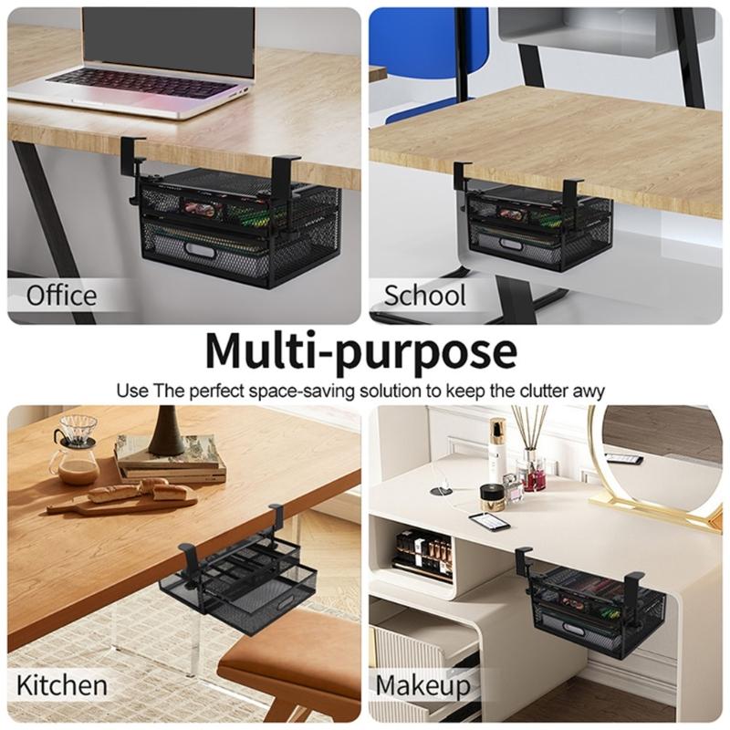Ergonomic Office Drawer Storage Unit Black Metal Construction Double Access Compartments Under Desk Organizer