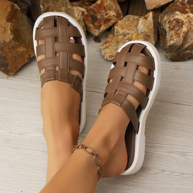 Fashion new Summer women's outdoor slippers Flat bottomed Baotou Muller Weaving design