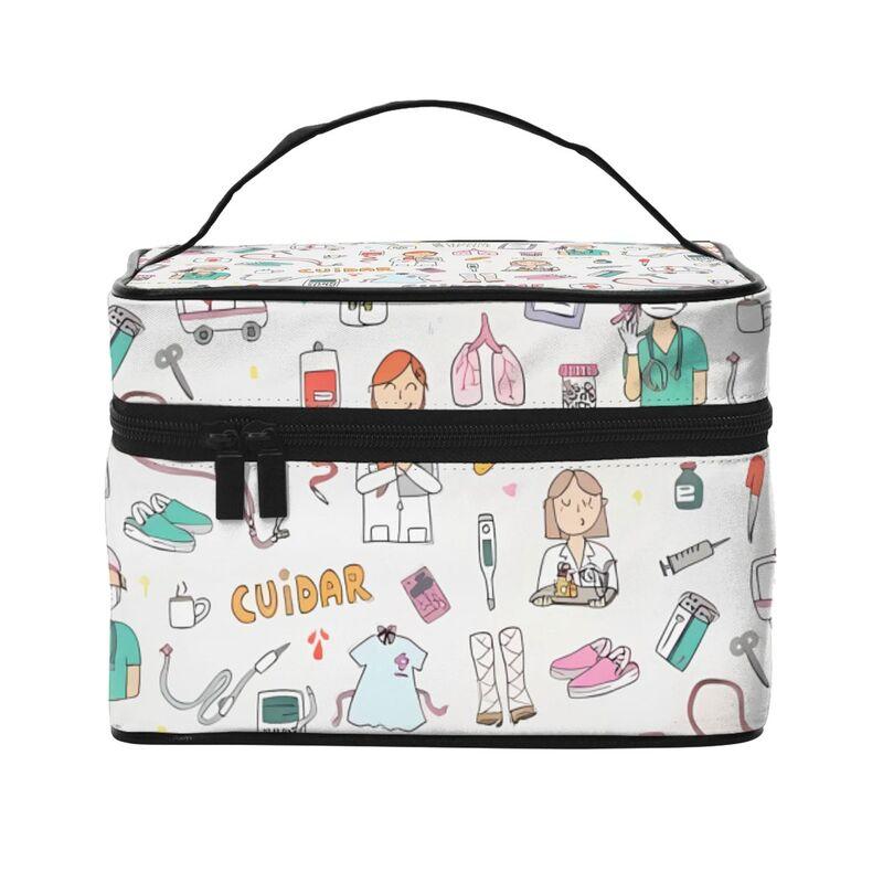 

Large Makeup Bag Custom Cartoon Doctor Nurse Enfermera En Apuros Carrying Portable Zip Travel Cosmetic Brush Bag Organizer