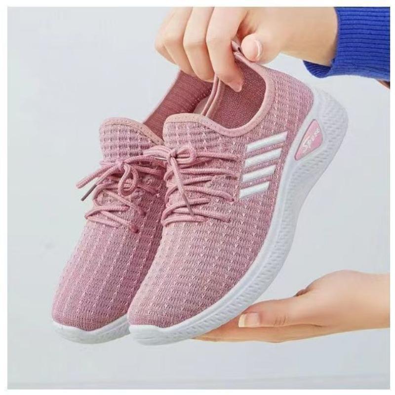 Knit Sneakers Lace-up Breathable Lightweight Casual Sports Shoes with White Stripes Women Shoes 36