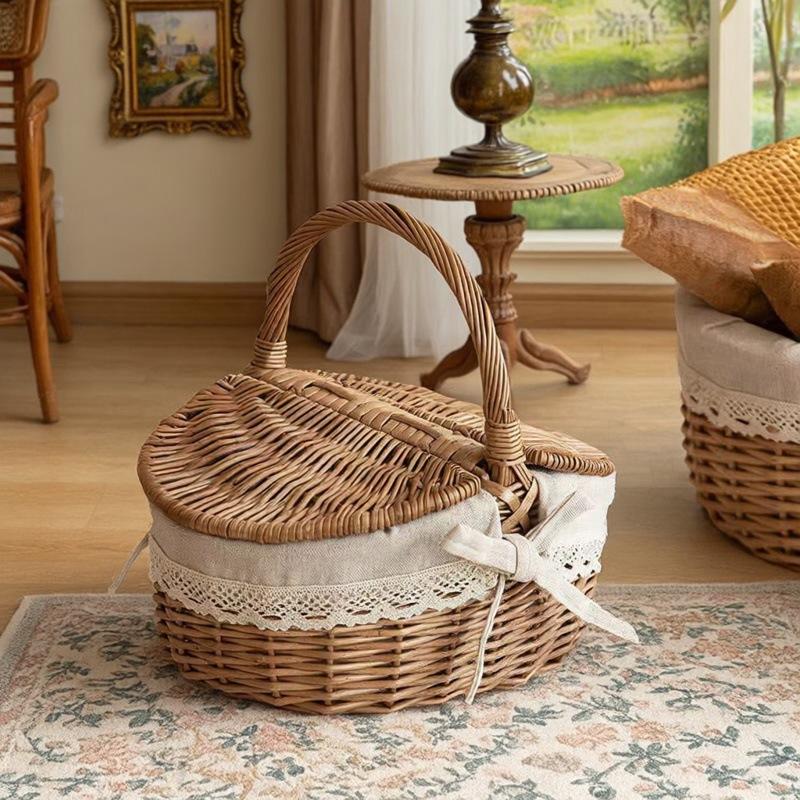 Woven Rattan Picnic Storage Basket Portable Outdoor Food Toy Organizers Basket with Lace Decor Home Travel Picnic Organizer Gift