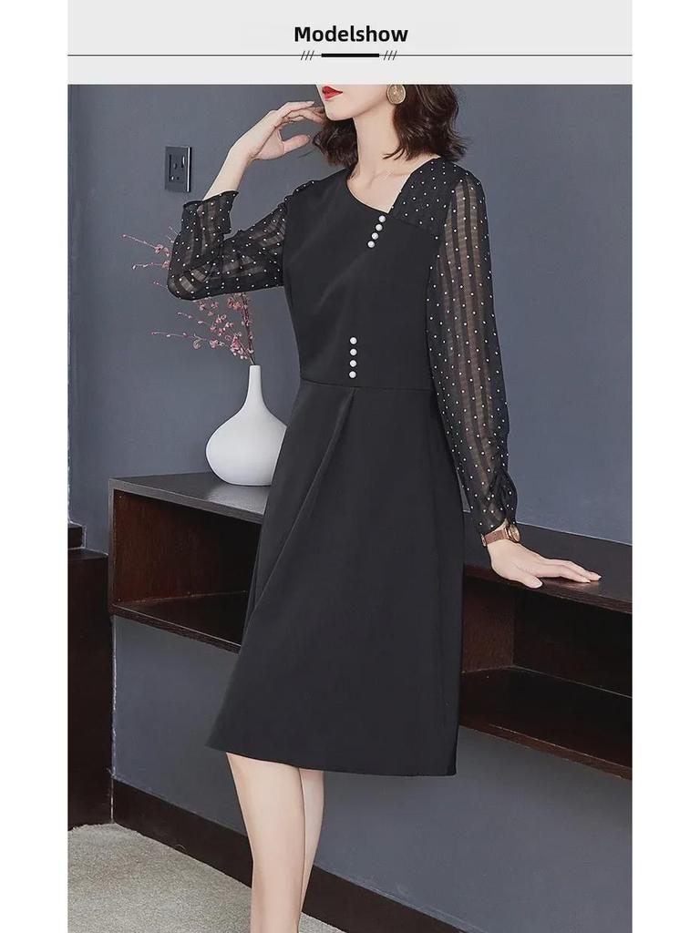[Clearance] Elegant Spring Dress with Slim Waist, Beaded Polka Dot Long Sleeves - Plus Size