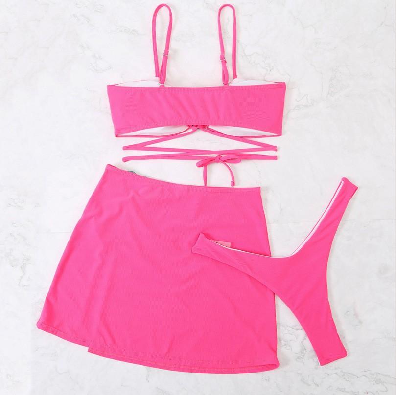 Swimsuit new solid color strap love sexy three-piece skirt bikini sexy swimsuit