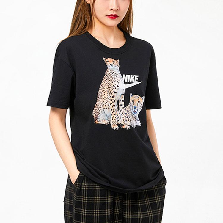 Nike Round Neck Leopard Print Casual Sport Short Sleeve T-Shirt Women Tops Black DD1486-010