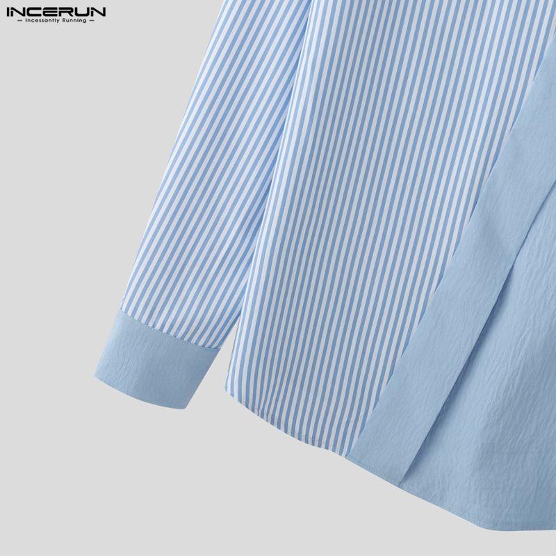 INCERUN Oversized Men Lapel Neck Long Sleeve Striped Patchwork Casual Shirts Tops 