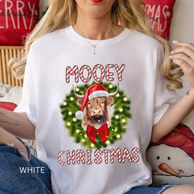 Mooey Christmas Cow T-Shirt, Funny Highland Cow Holiday Tee