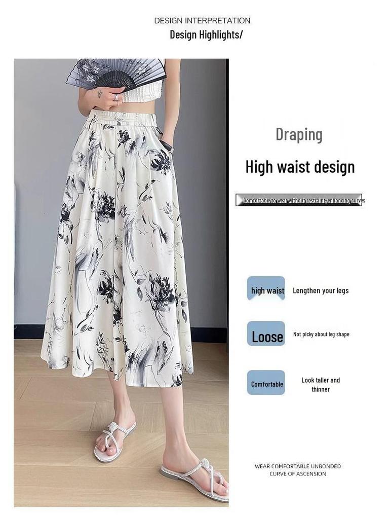 Women's High Waist Ink Print Ice Silk Wide-Leg Capri Pants - Summer 2025 Collection