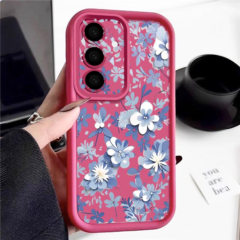 Blue and White Flowers Case For Samsung Galaxy A57 A37 A17 A56 A36 A26 A16 5G A55 A35 A15 A54 S21 FE S22 S23 S24 Plus S25 Edge S26 Ultra Cover