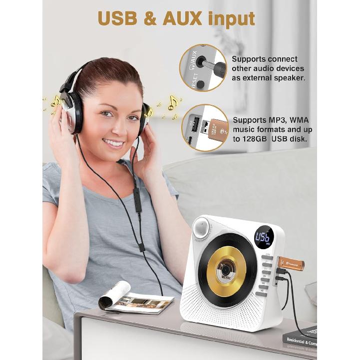 Desktop CD Player Bluetooth with HiFi Dual Speaker, CD Player with Remote Control,Dust Cover,LCD Display,Sleep Timer,USB/AUX/3.5mm Earphone Jack