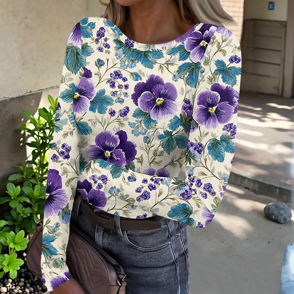 Women’s Casual Long Sleeve Crew Neck Top with Floral Print Ribbed Texture Lightweight Pullover Blouse for Everyday Wear