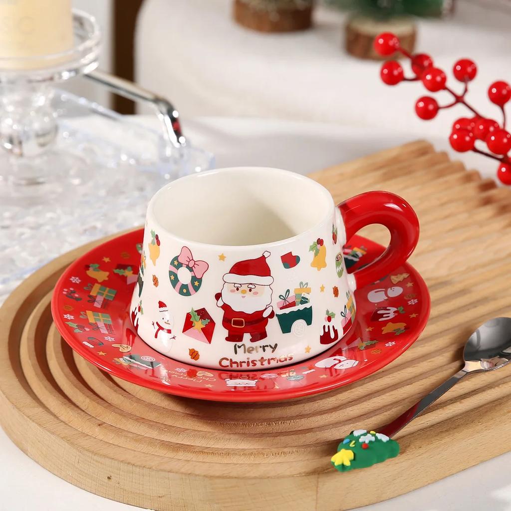 Cute Christmas Gift Mug with Dish Spoon Santa Claus Cup Dish Ceramic Cup Souvenir