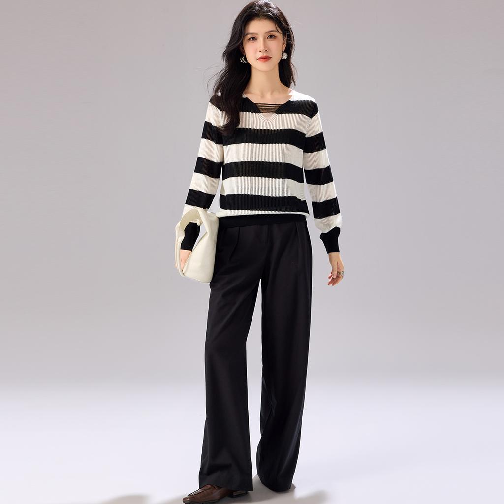 Sheep wool pullover sweater: autumn and winter new striped design for women's wool sweater, fashionable, loose and high-end
