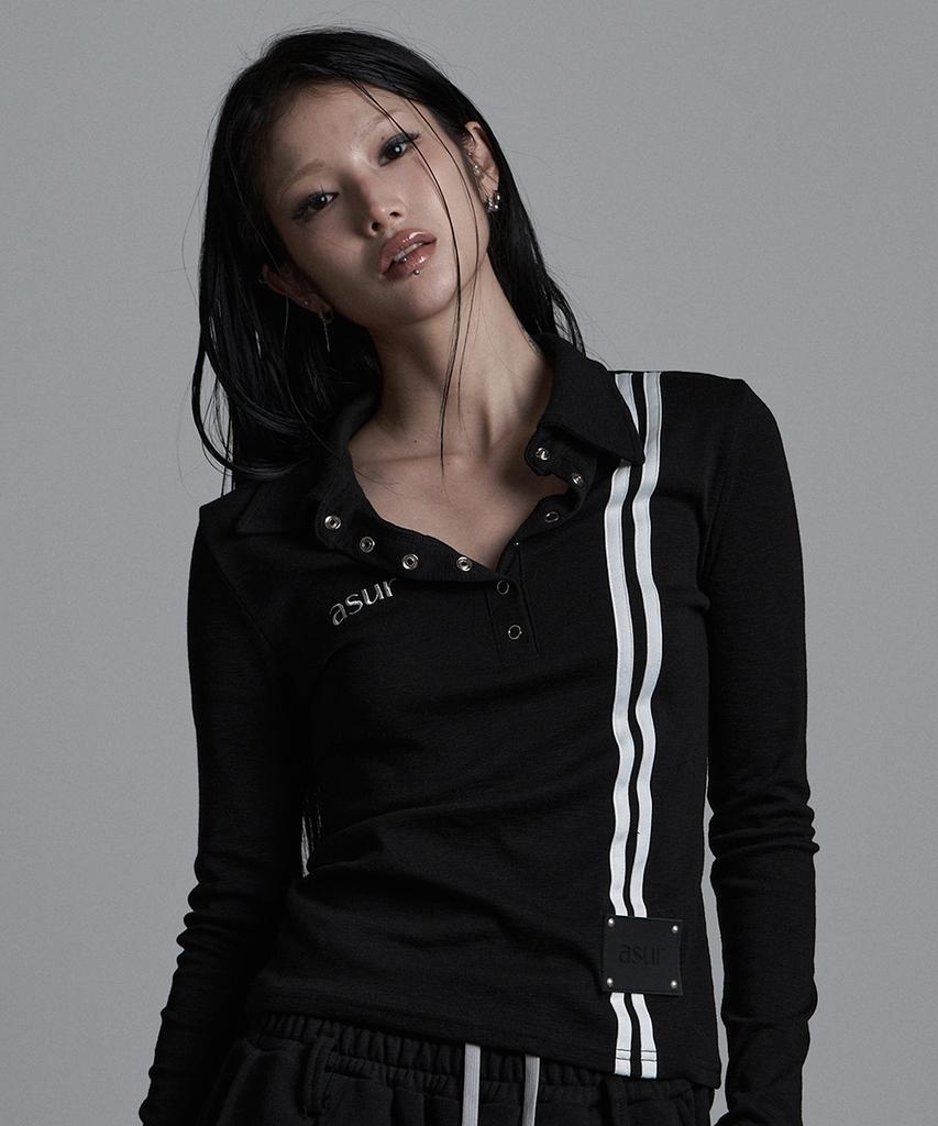 Aejeuyua Side Line Collar Long Sleeve Black