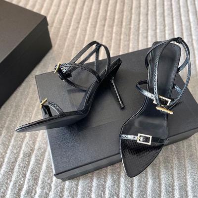 High Heels Women's 2025 Open-toed Rhinestones One-word Buckle Women's Shoes Stiletto Roman Style Black Sexy Sandals