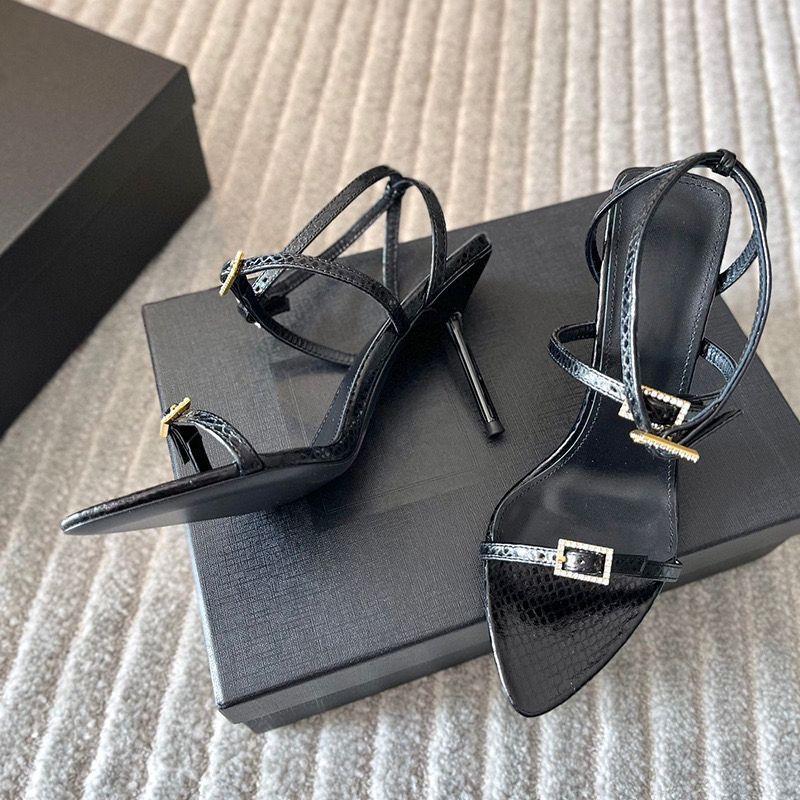 High heels women's 2025 open-toed rhinestones one-word buckle women's shoes stiletto Roman style black sexy sandals