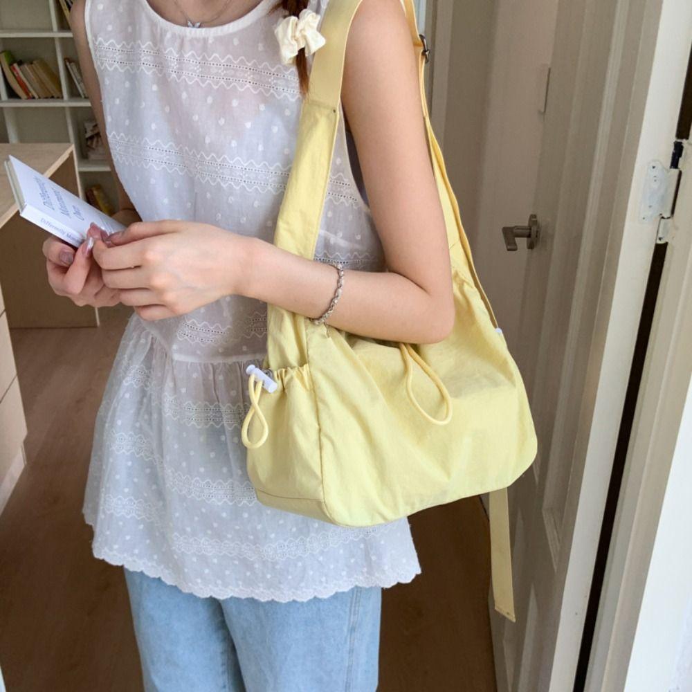 Large Capacity Drawstring Tote Bag Korean Crossbody Bag Casual Nylon Shoulder Bag Office Worker