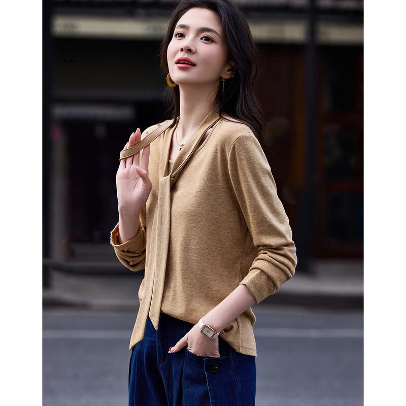 Women's Elegant Slim Fit Round Neck Ribbon Long Sleeve T-shirt