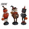 Resin Figurine Ornaments Wooden Halloween Figurines, Pumpkin Scarecrow Wizard Owl Black Cat Tabletop Decorations Statue, Rustic Desktop for