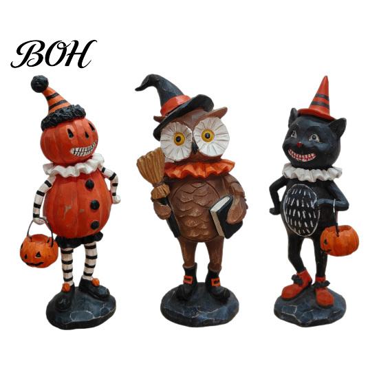 Resin Figurine Ornaments Wooden Halloween Figurines, Pumpkin Scarecrow Wizard Owl Black Cat Tabletop Decorations Statue, Rustic Desktop for