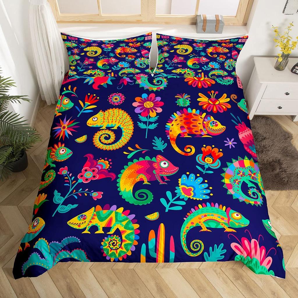 Lizard Warm Comforter Cover for Tens, Reptile Soft Duvet Cover Twin Sized Dimensions, Bohemian Paisley Batik Beding Set Exotic Animal Comfortable