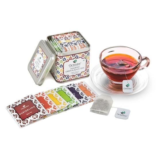 Octavius Assorted Green & Black Tea - 25 Tea Bags | Valentines Day Tea Gift Sets | 6 Assorted Black & Green Tea | Tea Gift Tin Pack