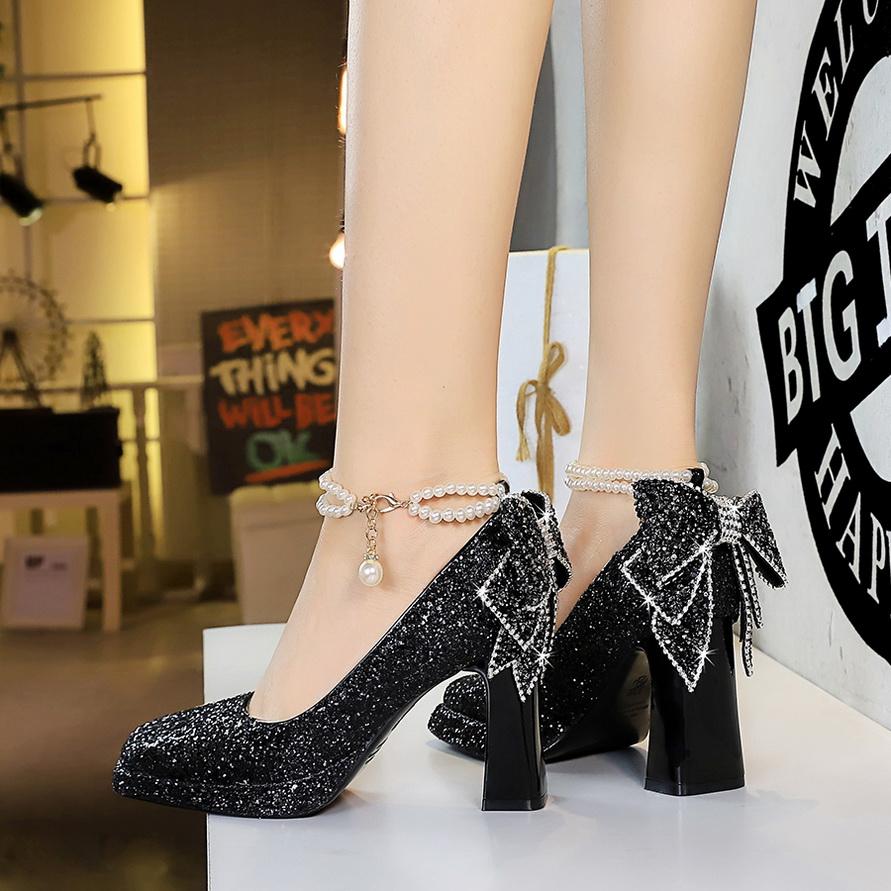 Sweet Pearl Straw High Heels Women's Water Diamond Bow Square Head Waterproof Platform Coarse Straw Shoes