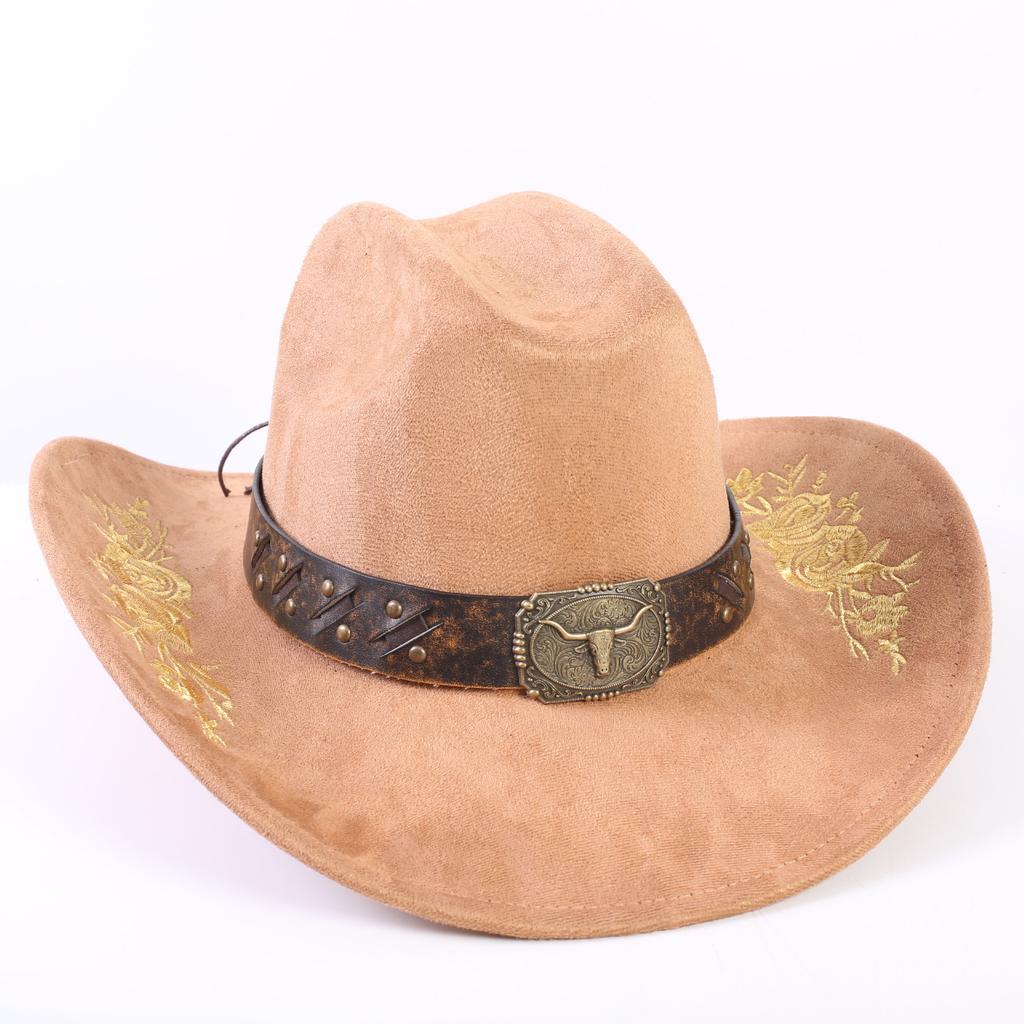 Popular European and American Classic Suede Western Cowboy Hat Men's and Women's Big Brim Embroidered Outdoor Sun Hat
