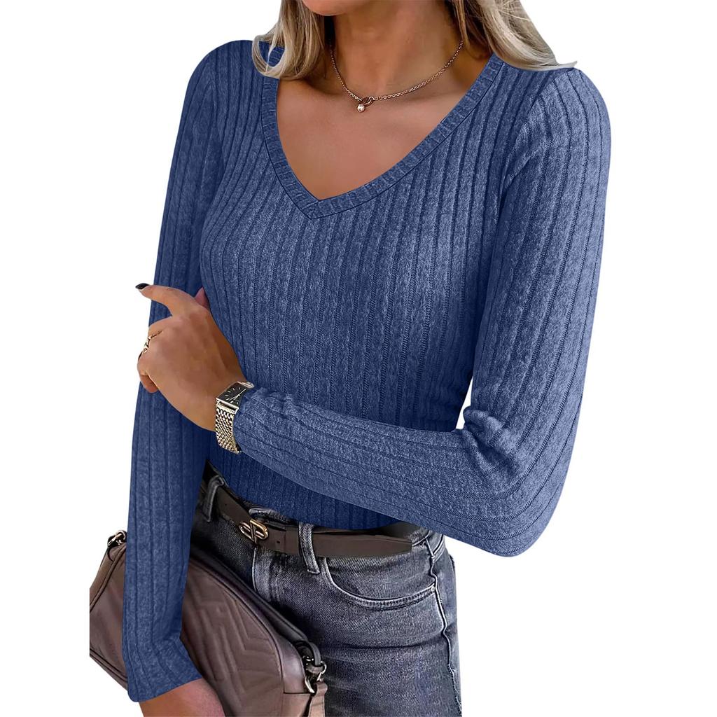 Women's Long Sleeve Knit V-Neck Pullover Top for Casual Daily Wear