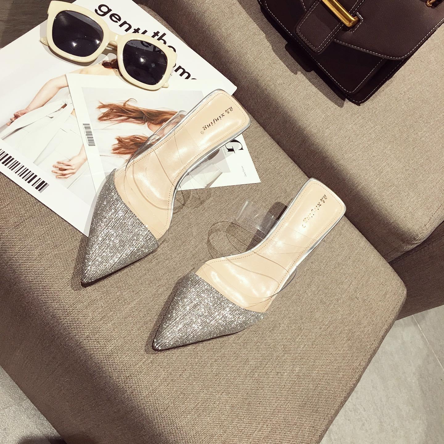 Модные блестящие серебряные прозрачные тапочки женские странные хрустальные туфли — фото 4