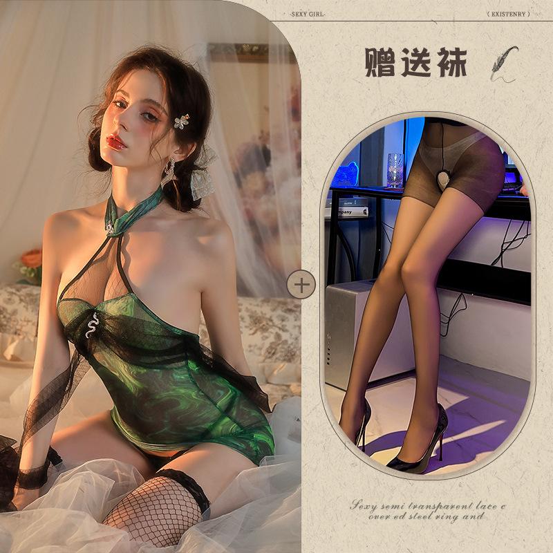 Fairy green snake cheongsam cos sexy stand-up collar hanging neck silk see-through hip wrap uniform reticulated dress