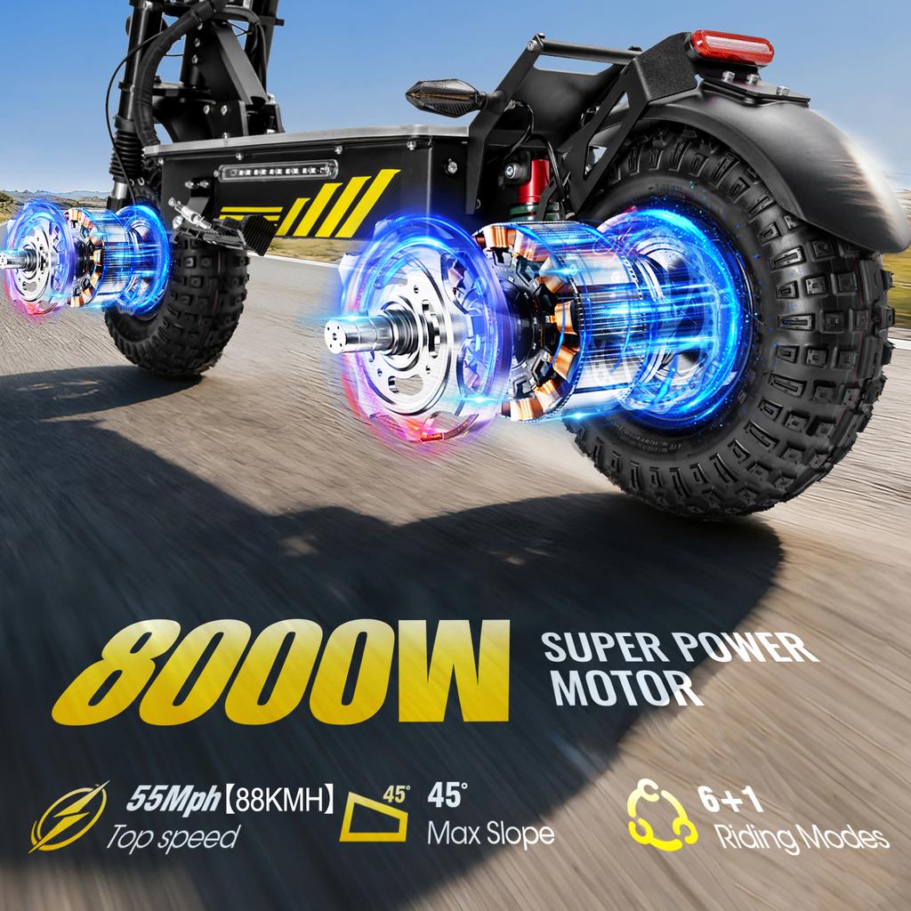 Patinete eléctrico T116 plus con motor de 8000 W, batería de 60 V y 40 Ah, velocidad máxima de 88 km/h, autonomía de 90 km, neumáticos de 14 pulgadas y diseño plegable.