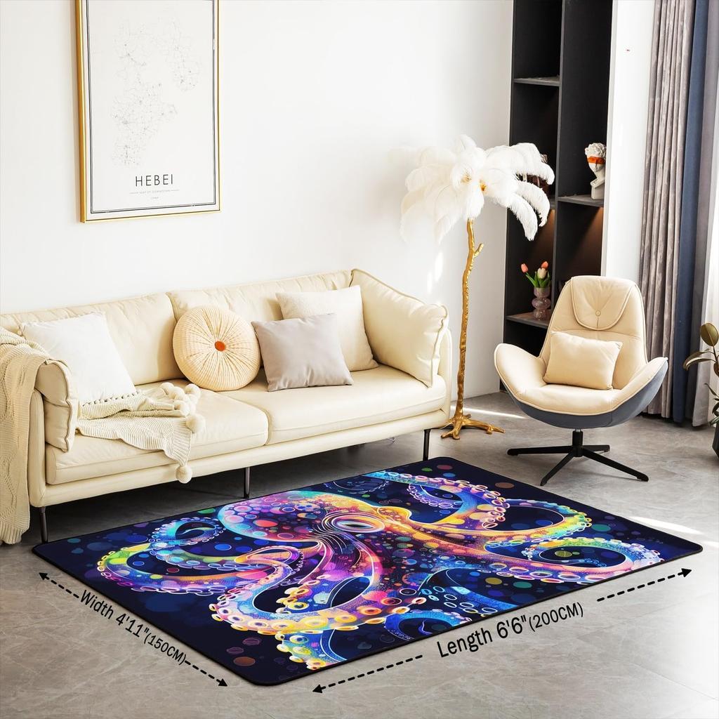 Ocean Themed Living Room Rugs for Bedroom Area Rug Octopus Decor Carpet for Boys Girls Teens Tentacles Indoor Floor Mat Black