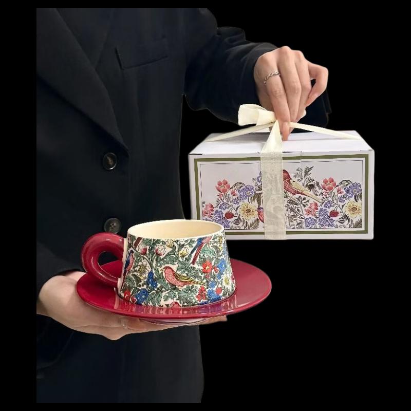 Mi Xiqi Retro Floral Bird Coffee Cup Set