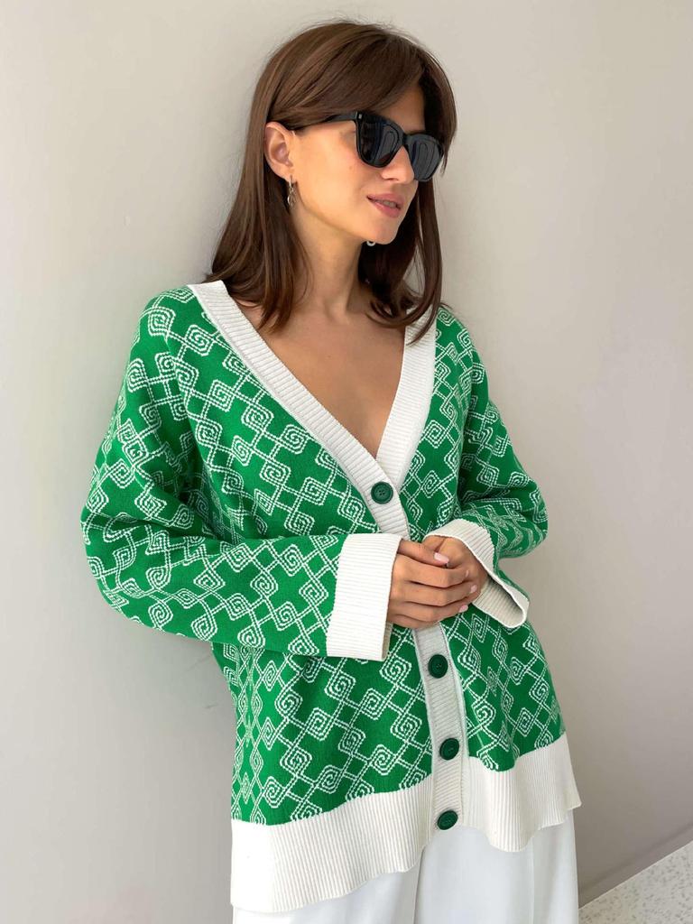 European Spring & Autumn Mid-length Jacquard Open-front Knit Cardigan Sweater