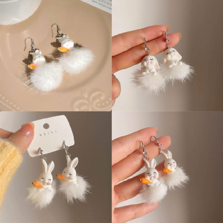 Fashionable Animal Earring White Plush Rabbit Pendant Earrings Women Girls Gift