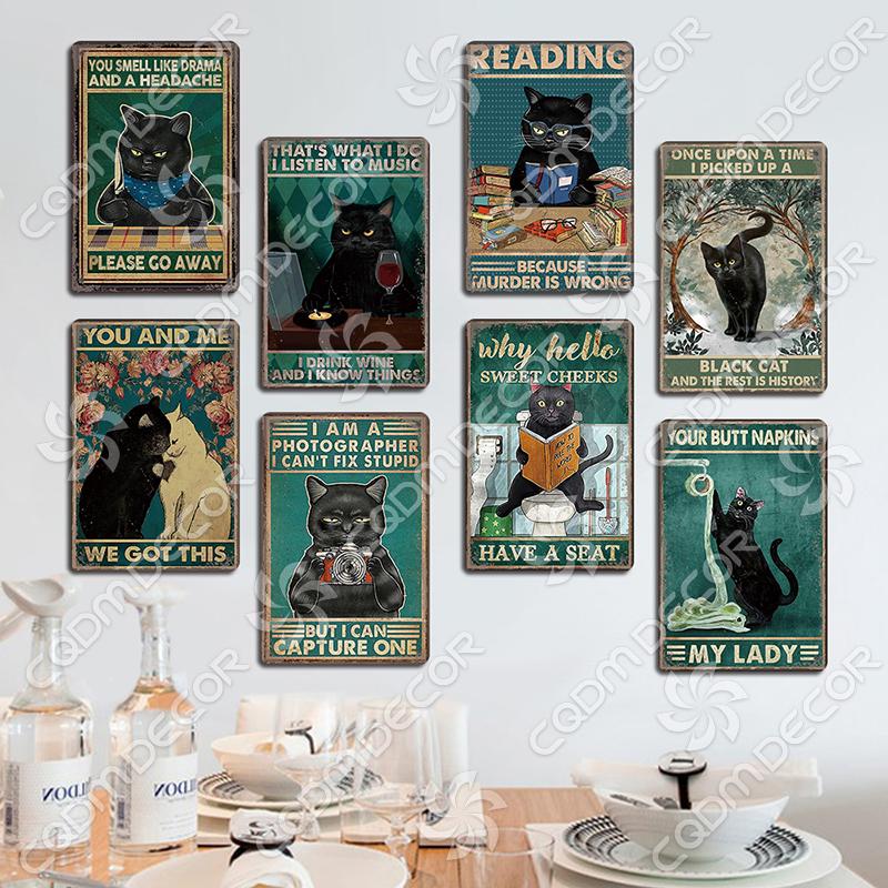Black Cat Tin Sign Metal Plaque Read Books Drink Wine Pet Metal Poster Vintage Wall Decor for Coffee Shop Kitchen Bathroom Home
