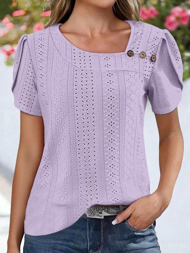 

2026 V-neck Casual Buttoned Pure Color Hollow Short Sleeve Women s Top T-shirt Short Style S фиолетовый