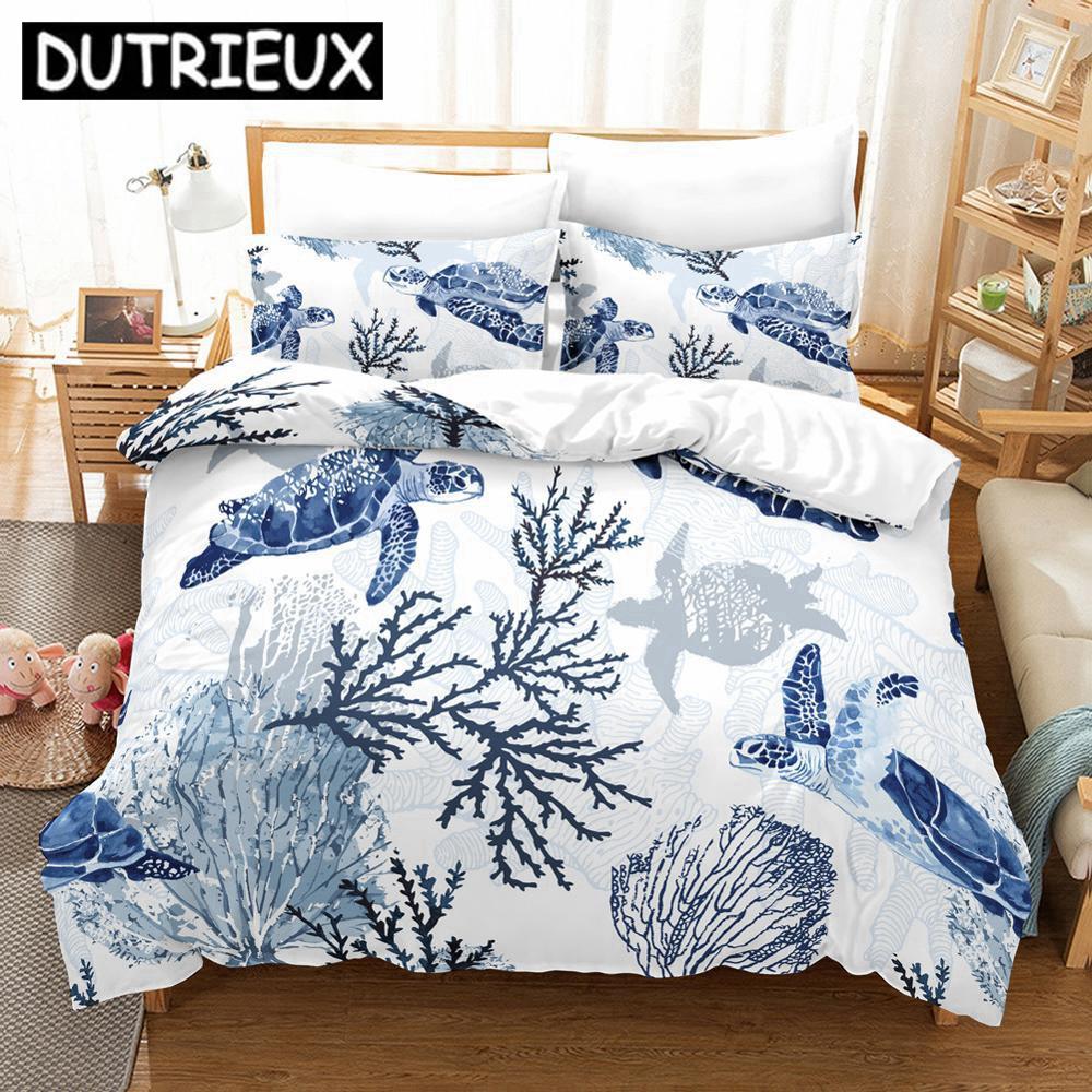 Jessica Chen Unisex Coral Sea Turtle Duvet Cover Set For Kids - Ocean Animal Pillow Cases Map & - Printed Quilt Cover Twin To King Sizes