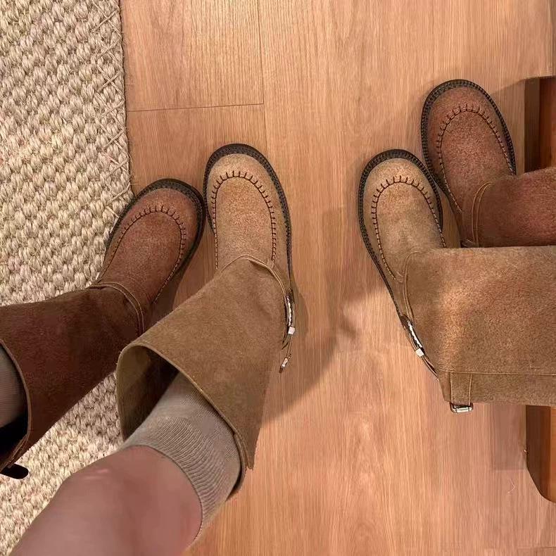 Frosted retro boots women's 2025 autumn new belt buckle knight boots but knee two wear boots boots tide