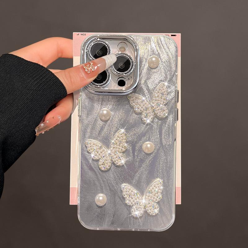 The Three-dimensional Pearl Butterfly Bracelet Is Suitable for Apple 16, Down Gauze Phone Case 13, Pro Max and Simple Xiaomi 15