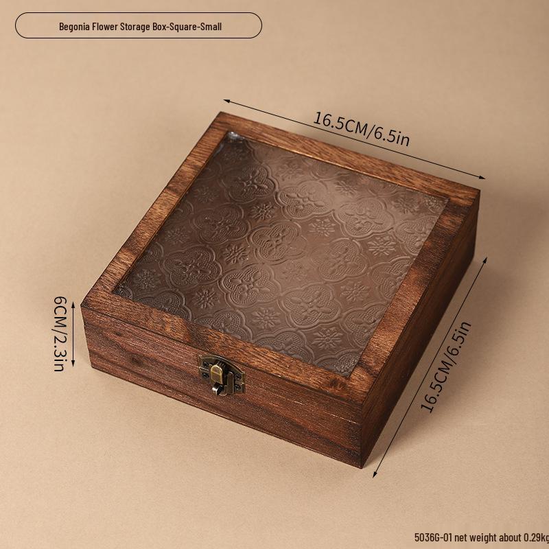 Retro Begonia Glass Lid Wooden Storage Box for Cosmetics, Snacks, Candy, and Documents - Dustproof and Multifunctional
